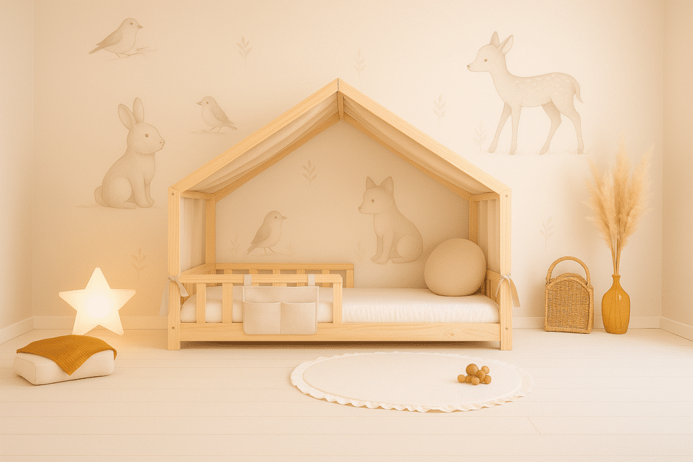 toile lit cabane beige
