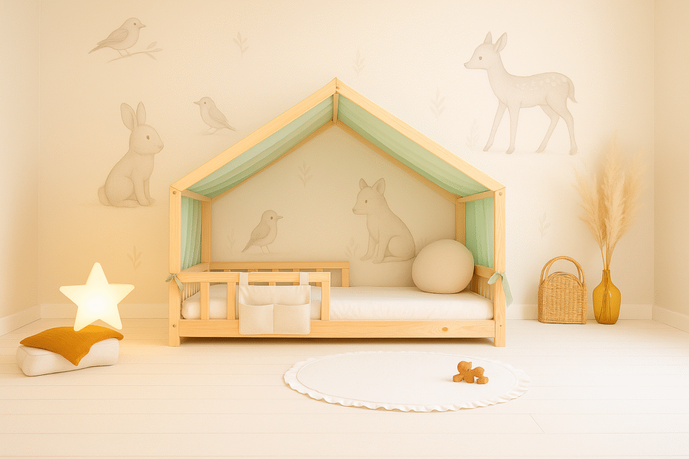 toile lit cabane vert d'eau