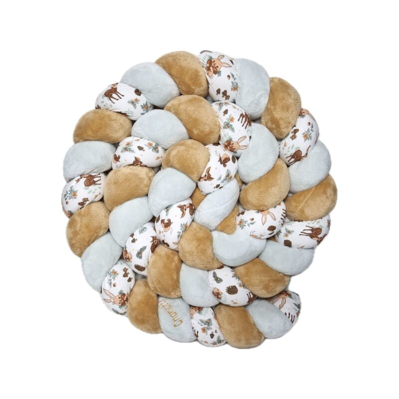 Tresse de lit – Doudou camel, vert d&rsquo;eau et hérisson – Tour de lit tressé